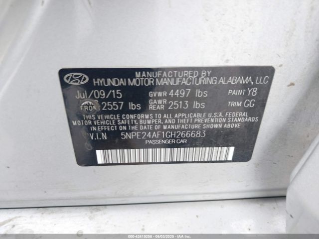 5NPE24AF1GH266683 Hyundai SONATA SE