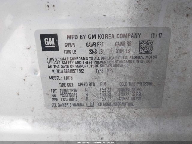 KL7CJLSB8JB571362 Chevrolet Trax Lt