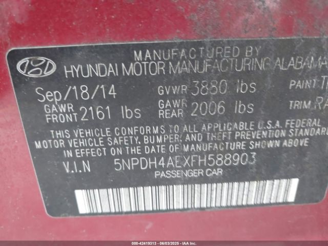 5NPDH4AEXFH588903 Hyundai ELANTRA SE