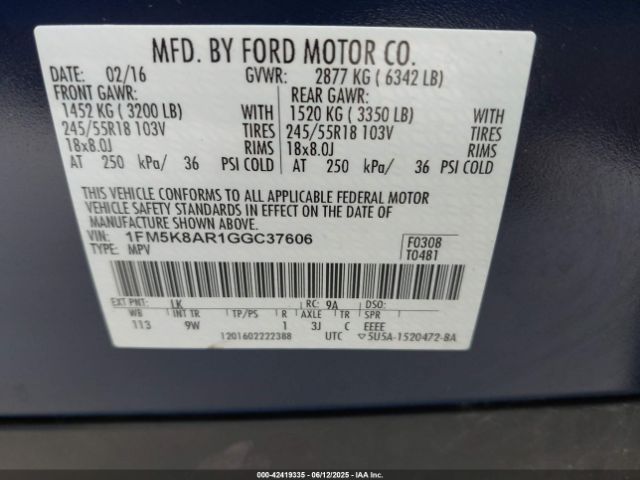 1FM5K8AR1GGC37606 Ford 2016