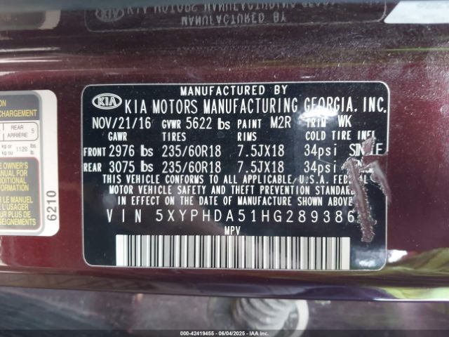 5XYPHDA51HG289386 KIA Sorento 3.3l Ex