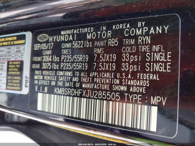 KM8SRDHFXJU285505 Hyundai Santa Fe Limited Ultimate