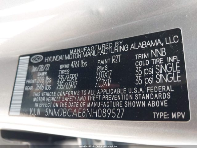 2022 HYUNDAI TUCSON 5NMJBCAE8NH089527 Photo 8