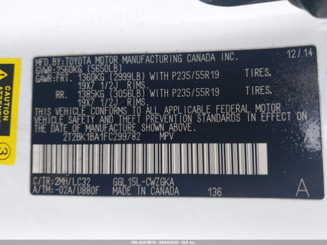 2T2BK1BA1FC299782 Lexus 2gr-fe