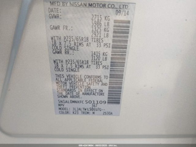 5N1AL0MNXFC501109 Infiniti QX60