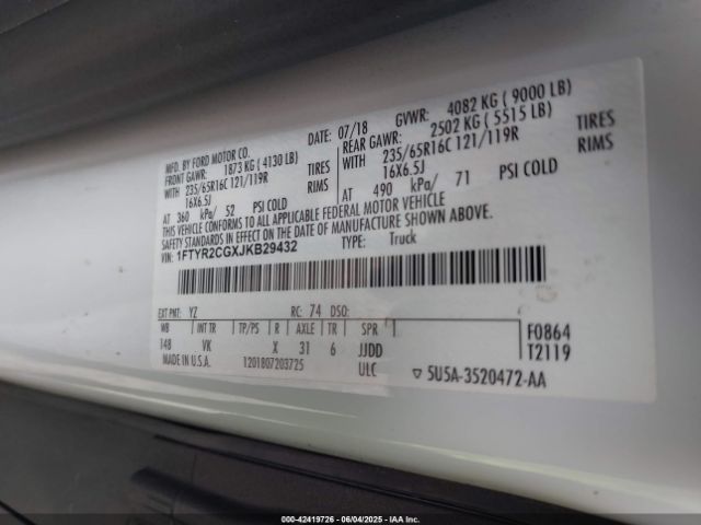 1FTYR2CGXJKB29432 Ford Transit-250