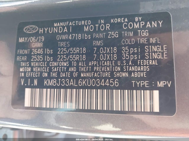 KM8J33AL6KU034456 Hyundai gdi theta ii