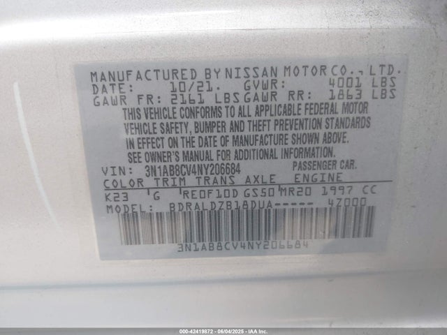 3N1AB8CV4NY206684 Nissan Sentra