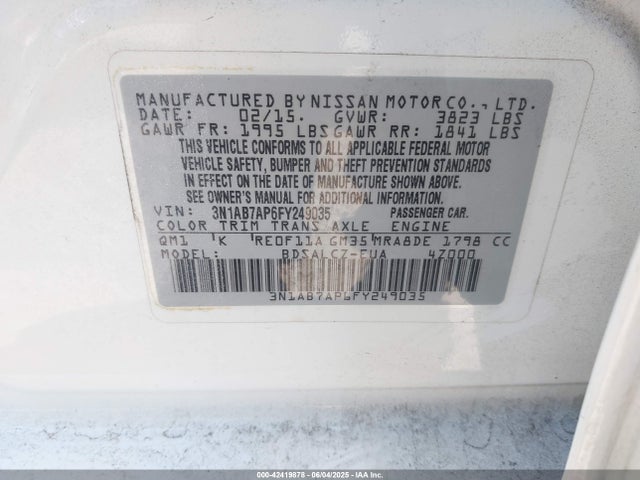 3N1AB7AP6FY249035 Nissan Sentra Fe+ S/s/sl/sr/sv