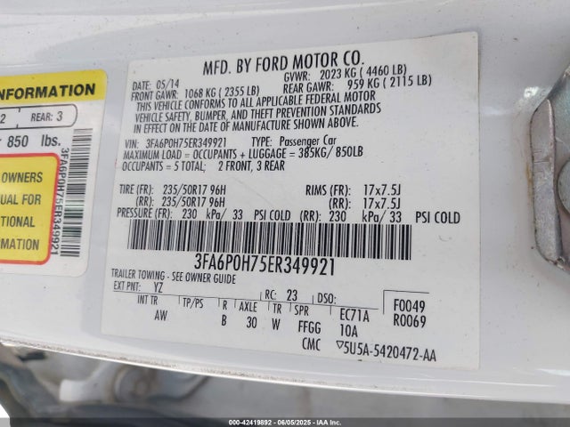 Ford FUSION SE 2014 3FA6P0H75ER349921 Image 9