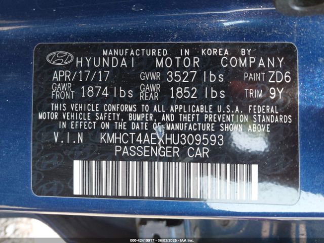 KMHCT4AEXH4309593 Hyundai Accent Se/value Edition