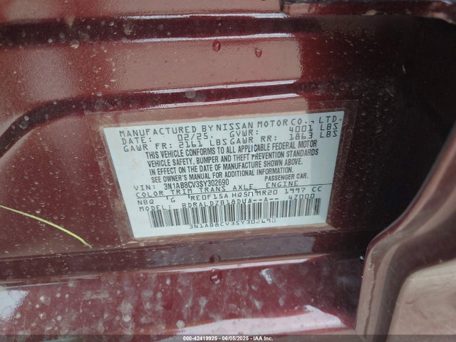 3N1AB8CV3SY302690 Nissan SENTRA SV