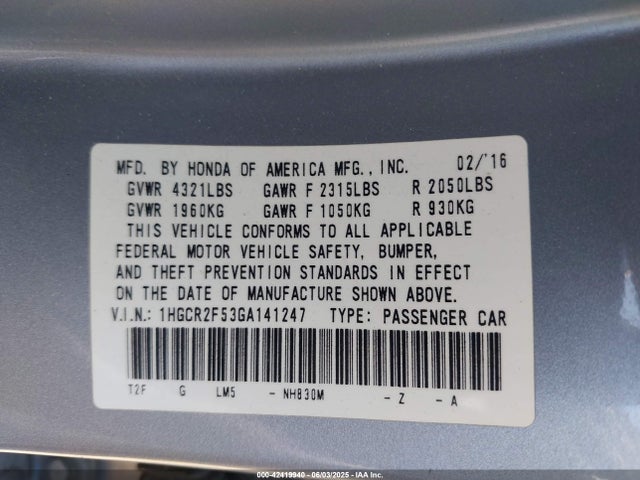 1HGCR2F53GA141247 Honda k24w1
