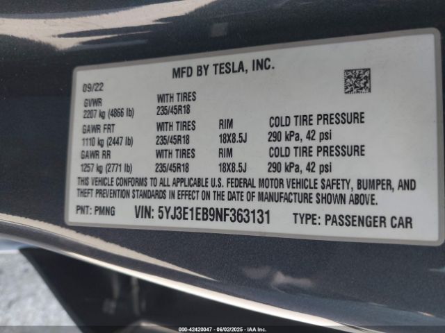 2022 TESLA MODEL 3 5YJ3E1EB9NF363131 Photo 8
