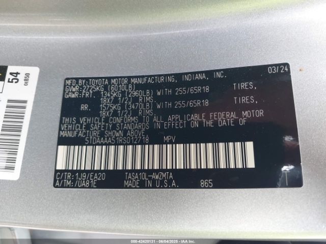 5TDAAAA51RS012718 Toyota Grand Highlander Xle