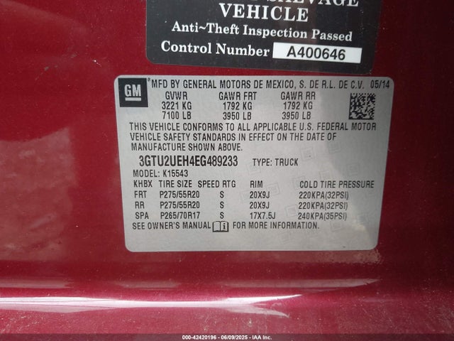 Aukcja sprzedaży 2014 Gmc Sierra 1500 Sle, vin: 3GTU2UEH4EG489233, numer aukcji: 42420196