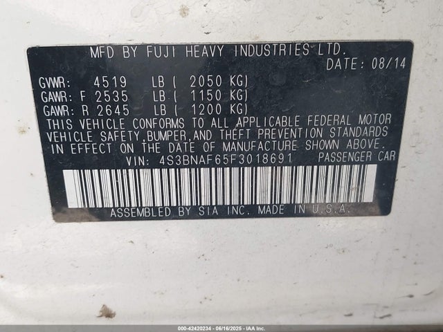 Subaru 2.5l u5 2015 4S3BNAF65F3018691 Image 9