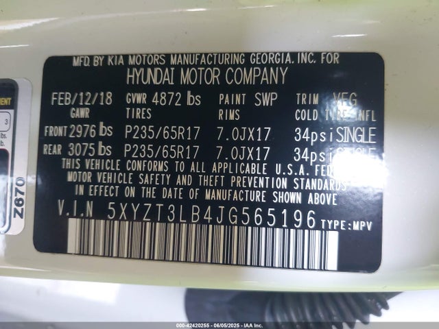 5XYZT3LB4JG565196 Hyundai gdi theta ii