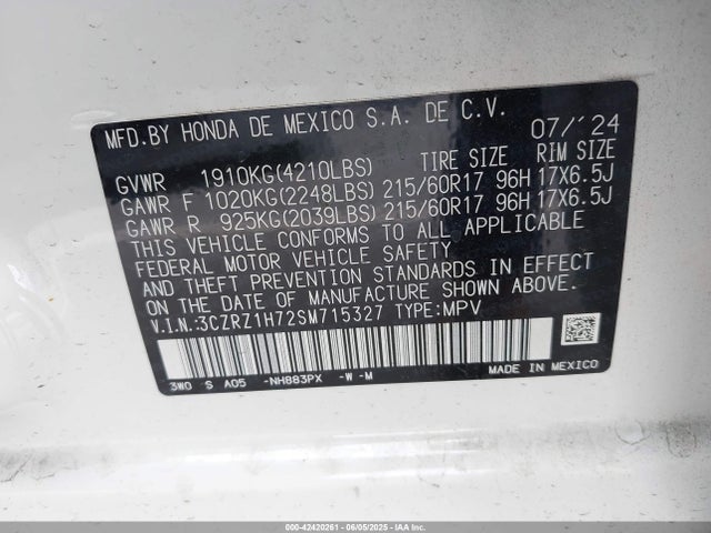 3CZRZ1H72SM715327 Honda Hr-v 2wd Ex-l