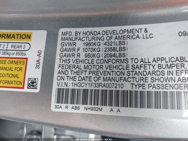 1HGCY1F33RA007210 Honda l15be