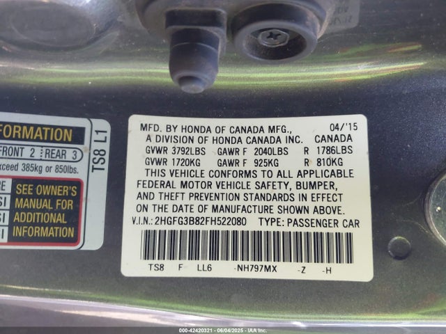 Honda r18z1 2015 2HGFG3B82FH522080 Image 9