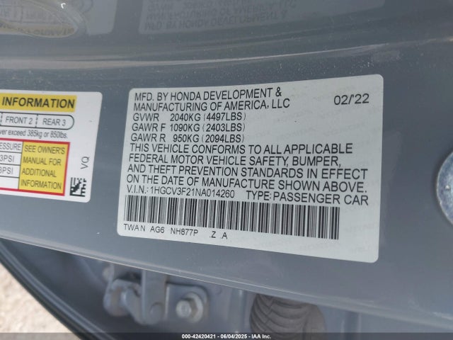 1HGCV3F21NA014260 Honda lfb2