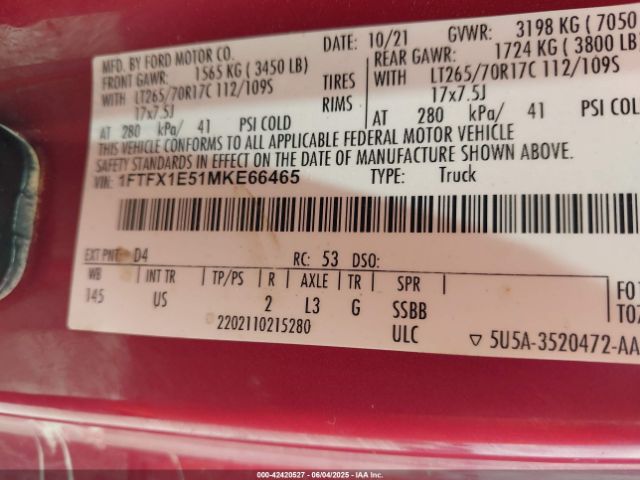 1FTFX1E51MKE66465 Ford F-150 Xlt