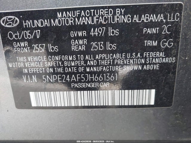 5NPE24AF5JH661361 Hyundai gdi theta-ii