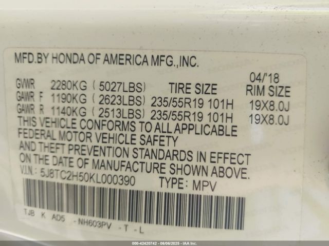 5J8TC2H50KL000390 Acura k20c4