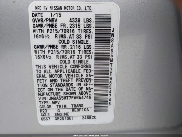 JN8AS5MT7FW654746 Nissan Rogue Select S