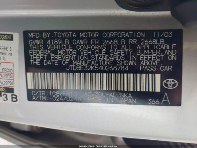 2004 TOYOTA CAMRY JTDBE32K540268784 Photo 8