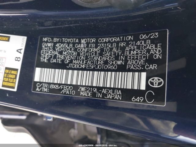 JTDBCMFE5PJ010960 Toyota 2zr-fxe, 1vm