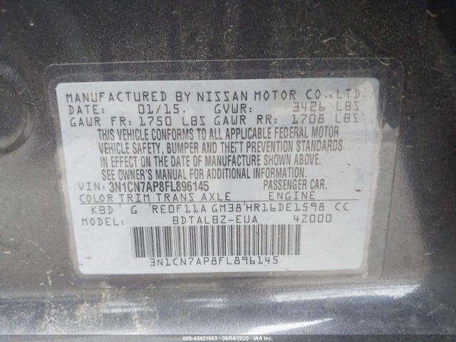 Nissan Versa 2015 3N1CN7AP8FL896145 Image 9