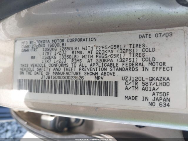 2003 LEXUS GX 470 JTJBT20X030023126 Photo 8