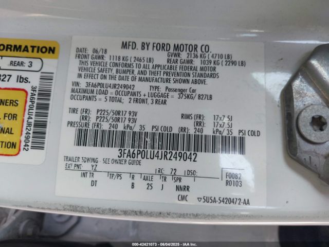 3FA6P0LU4JR249042 Ford Fusion Hybrid Se