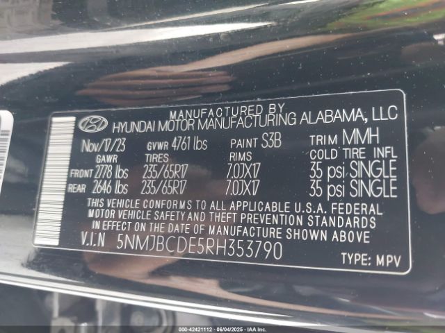 5NMJBCDE5RH353790 Hyundai TUCSON SEL