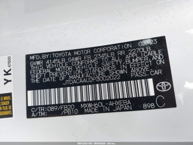 JTDACAAU2P3002022 Toyota m20a-fxs, 1vm