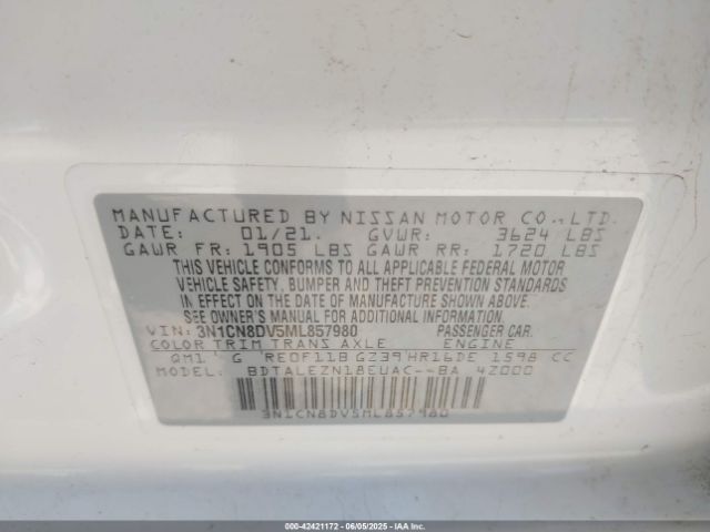 3N1CN8DV5ML857980 Nissan Versa S Xtronic Cvt