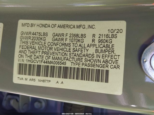 1HGCV1F44MA006545 Honda Accord Sport Special Edition
