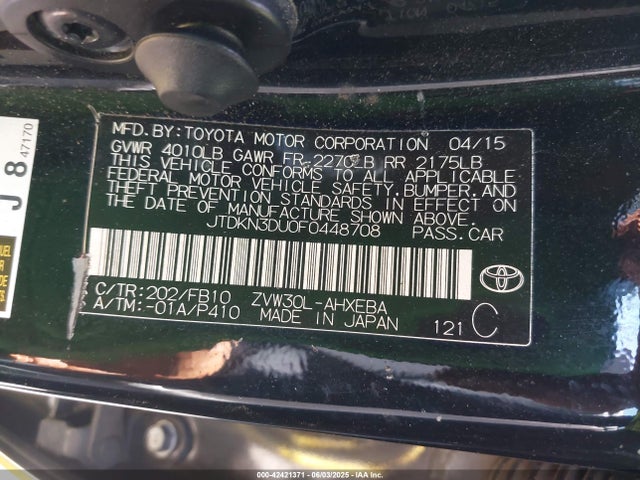 Toyota 2zr-fxe+3jm 2015 JTDKN3DU0F0448708 Image 9