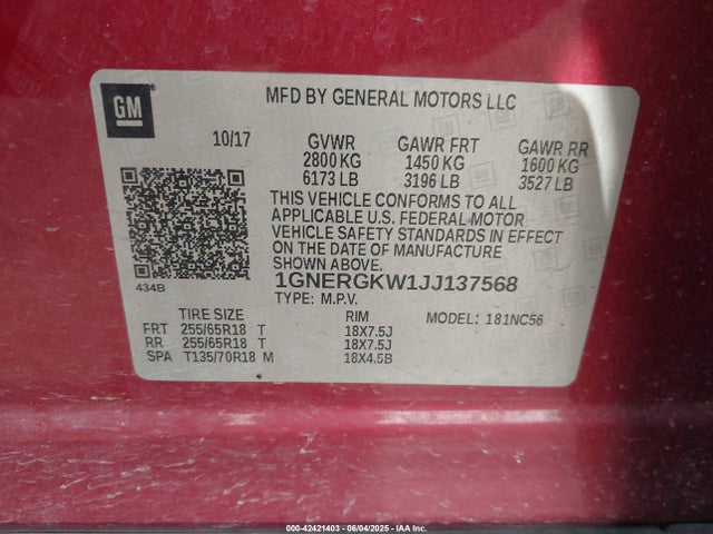 1GNERGKW1JJ137568 Chevrolet lfy - spark ignited direct injection, atss, gen 1
