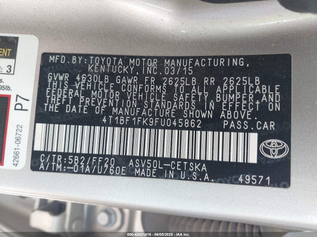 Toyota 2ar-fe 2015 4T1BF1FK9FU045862 Image 9