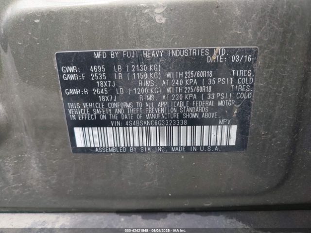 4S4BSANC6G3323338 Subaru Outback 2.5i Limited