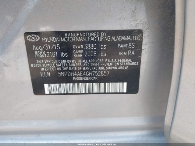 5NPDH4AE4GH752857 Hyundai ELANTRA SE