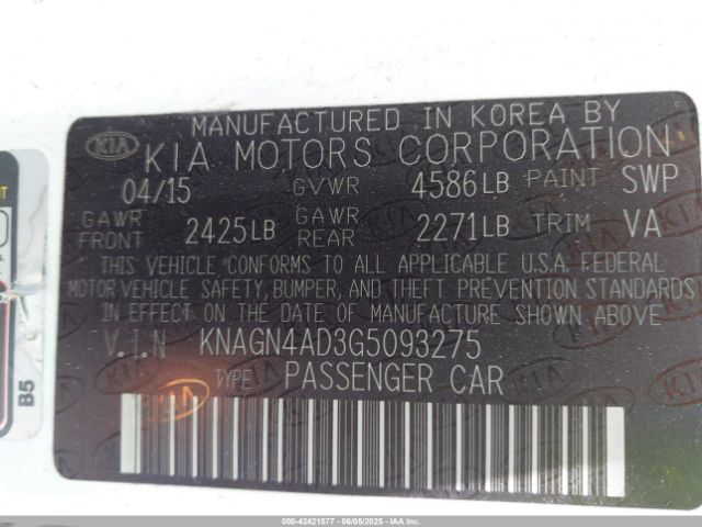 KNAGN4AD3G5093275 KIA Optima Hybrid Ex