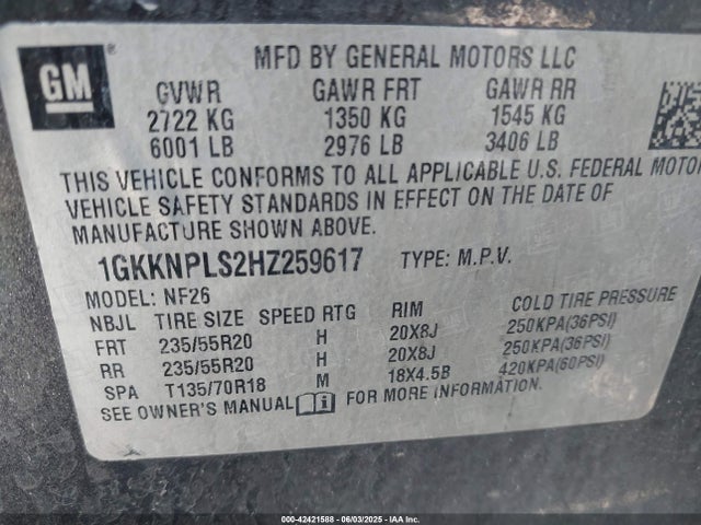 1GKKNPLS2HZ259617 GMC lgx - di: direct injection, vvt: variable valve timing, alum, gen 2