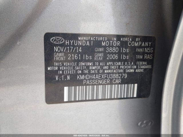 KMHDH4AEXFU388279 Hyundai ELANTRA SE