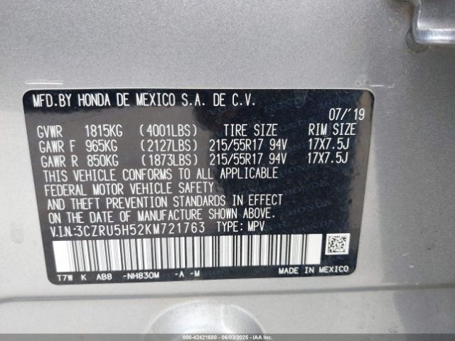 2019 HONDA HR-V 3CZRU5H52KM721763 Photo 8