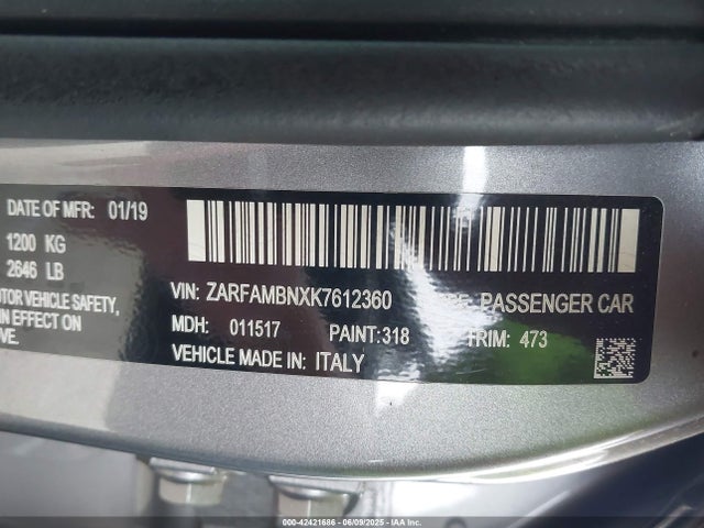 Auction sale of the 2019 Alfa Romeo Giulia Ti Sport Rwd, vin: ZARFAMBNXK7612360, lot number: 42421686