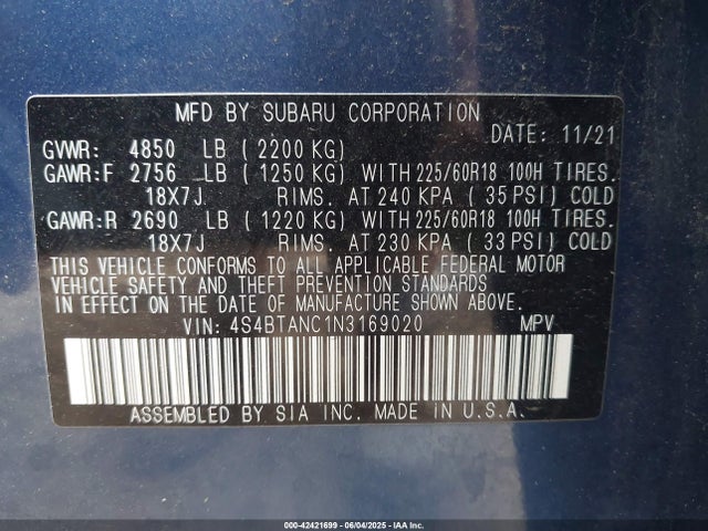 4S4BTANC1N3169020 Subaru na, u5